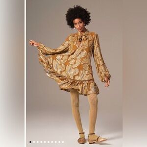 Maeve Anthropologie Metallic Floral Tunic Dress | Gold Mustard Boho | Size L NWT